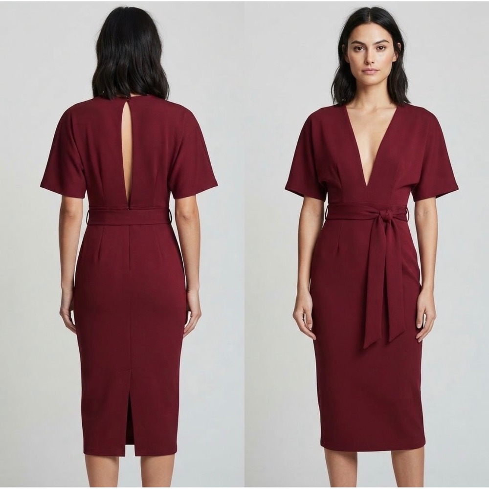 Favlux Fashion Midi Dress Womens S Burgundy Plunging V-Neck Open Back Tie Waist